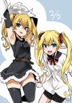  2girls :d armpits arms_up asanagi belt black_gloves black_legwear blonde_hair blue_eyes breasts dress elbow_gloves fang gloves hair_ribbon highres long_hair looking_at_viewer multiple_girls open_mouth original pointy_ears ribbon smile thigh-highs twintails twintails_day 