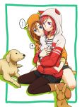  ... 2girls ? animal animal_hood blue_eyes boots border dog dog_hood hand_in_another&#039;s_pocket holding_animal hood hoodie kousaka_honoka looking_at_another love_live!_school_idol_festival love_live!_school_idol_project miso-ha_(ukyuu) multiple_girls nishikino_maki orange_hair outside_border pantyhose rabbit redhead spoken_ellipsis spoken_question_mark sweater tagme violet_eyes 