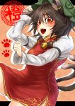  1girl animal_ears bell bell_collar black_hair brown_eyes cat_ears cat_tail chen collar dress fangs hat jewelry juliet_sleeves long_sleeves mob_cap multiple_tails nekomata open_mouth paw_pose puffy_sleeves red_dress ryuuichi_(f_dragon) shirt side_slit single_earring solo tail thighs touhou two_tails 