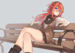  1girl artist_request bench boots buttons crossed_legs headphones highres long_hair looking_at_viewer original park_bench redhead scarf skirt smile solo v vest violet_eyes 