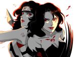  2girls bare_shoulders black_dress black_hair blood breasts cleavage collarbone crossover dress forehead_protector fullmetal_alchemist kunai lipstick long_hair lust makeup may_c multiple_girls naruto parted_lips petals red_eyes simple_background tattoo wavy_hair weapon white_background yuuhi_kurenai 
