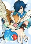  1boy blue_eyes blue_hair hayato_(pokemon) highres pidgey poke_ball pokemon pokemon_(creature) short_hair smirk 