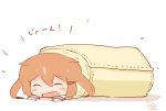  1girl blanket brown_hair chibi closed_eyes commentary_request fang hair_ornament hairclip hanomido ikazuchi_(kantai_collection) kantai_collection open_mouth outstretched_arms rolled setsubun solo translated 