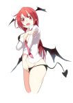  1girl bat_wings blush bra demon_tail from_below head_wings highres koakuma long_hair long_sleeves looking_at_viewer looking_down necktie no_pants open_clothes open_mouth open_shirt panties pointy_ears red_eyes redhead shirt simple_background solo sweatdrop tail tetsurou_(fe+) touhou underwear white_background wings 