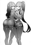  2girls ashigara_(kantai_collection) breasts commentary_request crossed_arms hairband handkerchief highres hohehohe kantai_collection large_breasts long_hair looking_at_viewer miniskirt monochrome multiple_girls nachi_(kantai_collection) pantyhose side_ponytail side_slit skirt uniform very_long_hair wavy_hair 