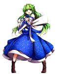  1girl baba_(baba_seimaijo) boots detached_sleeves frog_hair_ornament full_body gohei green_eyes green_hair hair_ornament hair_tubes highres japanese_clothes kochiya_sanae long_hair long_sleeves miko open_mouth shirt skirt snake_hair_ornament solo touhou transparent_background wide_sleeves 
