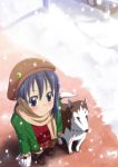  1girl ardnades bag blue_eyes blue_hair blush dog from_above jacket long_hair open_clothes open_jacket original outdoors scarf shopping_bag smile snow snowing winter_clothes 