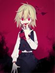  1girl blonde_hair darkness fangs finger_licking hair_ribbon higa423 highres licking long_sleeves looking_at_viewer nail_polish open_mouth red_background red_eyes ribbon rumia short_hair skirt skirt_set smile solo tongue tongue_out touhou vest 