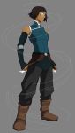  1girl avatar:_the_last_airbender boots brown_boots brown_hair clenched_hands elbow_gloves fingerless_gloves full_body gloves glowing glowing_eyes highres korra outline pontyk short_hair solo the_legend_of_korra turtleneck wind 