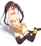  1girl alexmaster black_legwear blush breasts brown_hair cleavage clenched_teeth groin horns looking_at_viewer no_panties oni orange_eyes original setsubun sitting solo tears teeth thigh-highs thigh_strap tiger_print twintails twintails_day 