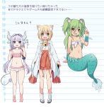  3girls :3 :d :o absurdres animal_ears bangs barefoot beads bell bell_collar blonde_hair blue_eyes blunt_bangs cat_ears character_request claw_pose collar copyright_request crossover eyebrows_visible_through_hair fang gao green_hair hair_beads hair_between_eyes hair_ornament hairband height_chart highres horns japanese_clothes jingle_bell kanna_kamui kobayashi-san_chi_no_maidragon lavender_hair long_hair low_twintails mermaid monster_girl multiple_crossover multiple_girls muromi-san namiuchigiwa_no_muromi-san navel nekono_rin open_mouth red_eyes scales seashell_hair_ornament short_hair smile stomach tail translation_request twintails two_side_up v very_long_hair wide_sleeves 