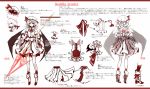  1girl ascot back_cutout bat_wings bloomers character_sheet hat hat_ribbon highres looking_at_viewer puffy_short_sleeves puffy_sleeves red_eyes remilia_scarlet ribbon shirt short_sleeves silver_hair skirt solo spear_the_gungnir touhou translation_request underwear wings wrist_cuffs yutapon 