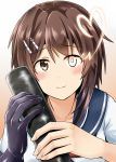  1girl blush brown_hair ehoumaki food furutaka_(kantai_collection) glowing glowing_eye hair_ornament hairclip heart heterochromia highres holding kamelie kantai_collection looking_at_viewer makizushi remodel_(kantai_collection) school_uniform serafuku sexually_suggestive short_hair single_elbow_glove smile solo sushi uniform yellow_eyes 