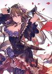  1girl artist_request breasts brown_hair character_request cleavage collar dress flower frills granblue_fantasy hair_flower hair_ornament highres long_hair official_art petals rose rose_petals solo sword thigh-highs violet_eyes weapon 