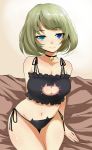  1girl bare_shoulders bell bell_collar breasts cat_lingerie cleavage collar green_hair han_(jackpot) heterochromia idolmaster light_smile navel panties short_hair side-tie_panties sitting solo takagaki_kaede thighs underwear 