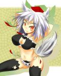  1girl :3 animal_ears armpits arms_behind_back arms_up bare_shoulders black_legwear breasts cat_cutout cat_lingerie cleavage_cutout fang hat highres inubashiri_momiji large_breasts looking_at_viewer midriff navel panties red_eyes short_hair silver_hair solo tail thigh-highs tokin_hat touhou underwear wolf_ears wolf_tail 