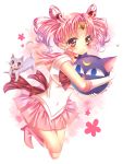  1girl absurdres bishoujo_senshi_sailor_moon blush boots bow cat character_name chibi_usa choker diana_(sailor_moon) double_bun elbow_gloves full_body gloves hair_ornament hairpin highres knee_boots looking_at_viewer luna-p magical_girl pink_boots pink_hair pink_skirt pleated_skirt red_bow sailor_chibi_moon sailor_collar short_hair skirt tiara touki_matsuri toy twintails white_gloves 