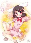  1girl animal_ears black_hair bunny_tail dress highres inaba_tewi open_mouth pink_dress rabbit_ears red_eyes short_hair sisterakuma smile solo tail touhou 