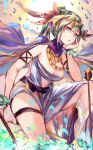  1girl arrow artemis_(p&amp;d) blue_eyes breasts cape chin_rest cleavage flower green_hair highres jewelry long_hair mi_bait necklace petals ponytail puzzle_&amp;_dragons solo 