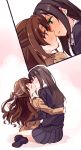  2girls brown_hair idolmaster idolmaster_cinderella_girls kiss long_hair looking_at_another multiple_girls nagiriku912 one_side_up school_uniform shibuya_rin shimamura_uzuki yuri 