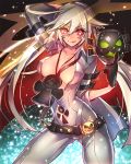  1girl :q ankh arm_up belt blonde_hair breasts covered_nipples gloves guilty_gear guilty_gear_xrd jack-o&#039;-lantern jack-o_(guilty_gear) jewelry large_breasts long_hair looking_at_viewer mask multicolored_hair necklace oro_(sumakaita) pink_eyes redhead solo thighs tongue tongue_out 