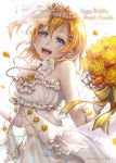  1girl :d blue_eyes bouquet dress earrings flower gloves hair_ornament hairclip jewelry kousaka_honoka lma love_live!_school_idol_project necklace open_mouth orange_hair side_ponytail smile solo wedding_dress 