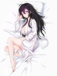  ahoge beifeng_han black_hair breasts hair_between_eyes large_breasts long_hair looking_at_viewer lying miyaura_sanshio on_side one_eye_closed open_mouth original pajamas thighs violet_eyes 