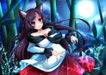  animal_ears bamboo bamboo_forest breasts brooch brown_hair collarbone dress fingernails forest full_moon highres imaizumi_kagerou jewelry large_breasts long_fingernails long_skirt long_sleeves looking_at_viewer moon nail_polish nature off-shoulder_shirt off_shoulder open_mouth red_eyes red_nails shirt sisterakuma skirt touhou wide_sleeves wolf_ears 
