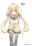  1girl arms_behind_back blonde_hair blush cardigan commentary_request fujishima_shinnosuke kantai_collection leg_up long_hair looking_at_viewer necktie satsuki_(kantai_collection) scarf school_uniform serafuku skirt smile solo thigh-highs twintails twintails_day yellow_eyes 