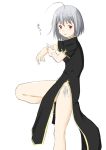  ahoge arms_up bare_legs black_dress china_dress chinese_clothes commentary_request dress from_side grey_hair highres knee_up niwatazumi one_leg_raised original panties red_eyes shoes short_hair short_sleeves side-tie_panties translation_request underwear 