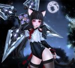  1girl 3d animal_ears black_hair black_legwear cat_ears dual_wielding elin_(tera) fingerless_gloves gloves huge_weapon kunai leotard long_hair night night_sky ninja o-ring outdoors playmoe ponytail red_eyes rope shirt shuriken sky solo star_(sky) tail tera_online thigh-highs tree very_long_hair weapon 