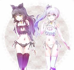  2girls bell bell_collar black_hair black_legwear blake_belladonna blue_eyes bow breasts cat_lingerie cleavage cleavage_cutout collar earrings frown hair_bow iesupa jewelry multiple_girls navel one_eye_closed rwby side_ponytail silver_hair smile weiss_schnee white_legwear yellow_eyes 