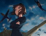  1girl airplane artist_request brown_eyes brown_hair clouds cloudy_sky crossed_arms dress_shirt from_below girls_und_panzer hat hat_removed headwear_removed jacket long_sleeves military military_uniform military_vehicle nishizumi_maho red_shirt shirt short_hair sky solo standing tank tiger_i uniform vehicle 