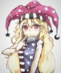  1girl american_flag_shirt blonde_hair blurry blush clownpiece colored gradient gradient_background hat jester_cap long_hair looking_at_viewer open_mouth pointy_ears red_eyes sketch sleeveless solo star star-shaped_pupils striped symbol-shaped_pupils touhou upper_body yuxyon 