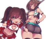  2girls ;d ass back bent_over black_gloves black_legwear blue_nails breasts brown_eyes brown_hair cleavage_cutout fingerless_gloves gloves hand_on_hip highres hohehohe kantai_collection large_breasts looking_at_viewer looking_back midriff miniskirt multiple_girls mutsu_(kantai_collection) nail_polish navel one_eye_closed open_mouth parted_lips racequeen ryuujou_(kantai_collection) sideboob simple_background skirt smile teeth thigh-highs twintails white_background 