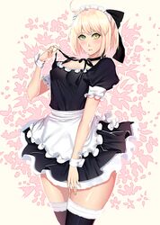  1girl ahoge alternate_costume apron bangs black_bow black_dress black_legwear black_ribbon blonde_hair blush bow breasts choker closed_mouth cowboy_shot dress fate/grand_order fate_(series) floral_background frills hair_bow half_updo holding large_breasts looking_at_viewer maid maid_headdress puffy_short_sleeves puffy_sleeves red_lips ribbon sakura_saber shei99 short_dress short_hair short_sleeves solo thigh-highs waist_apron white_apron wrist_cuffs yellow_eyes 