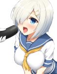  1girl blue_eyes blush breasts don_(29219) ehoumaki food hair_ornament hair_over_one_eye hairclip hamakaze_(kantai_collection) kantai_collection large_breasts makizushi open_mouth pleated_skirt school_uniform serafuku sexually_suggestive short_hair short_sleeves silver_hair simple_background skirt solo sushi sweatdrop tongue tongue_out uniform v_arms white_background 