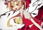  1girl ascot asymmetrical_hair blonde_hair crystal dutch_angle fangs flandre_scarlet gradient gradient_background hat higa423 looking_at_viewer midriff mob_cap navel open_mouth puffy_sleeves red_eyes ribbon shirt short_sleeves side_ponytail skirt skirt_set smile solo touhou upskirt vest wings 