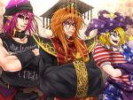  3girls american_flag_dress black_dress blonde_hair bracelet chinese_clothes clownpiece crossed_arms dress earrings facial_tattoo fangs hands_in_sleeves hat hecatia_lapislazuli jester_cap jewelry junko_(touhou) long_sleeves multiple_girls open_mouth piercing pink_eyes pink_hair pointy_ears red_eyes ryuuichi_(f_dragon) smile tabard tattoo touhou wide_sleeves 