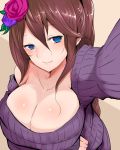  1girl blue_eyes breasts brown_hair cleavage flower granblue_fantasy hair_flower hair_ornament han_(jackpot) large_breasts long_hair looking_at_viewer ribbed_sweater rosetta_(granblue_fantasy) smile solo sweater 