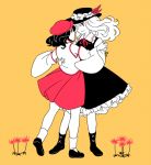  2girls dancing detached_sleeves dolls_in_pseudo_paradise dress flower frilled_dress frills hat holding_hands looking_at_another multiple_girls nekolina red_eyes smile touhou yuri 