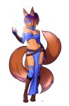  1girl animal_ears blindfold breasts brown_hair cleavage detached_collar elbow_gloves fingerless_gloves fox_ears fox_tail gloves gradient_hair highres midriff multicolored_hair multiple_tails navel original purple_hair solo tail thigh-highs typo_(requiemdusk) 