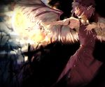  1girl animal_ears bird_wings brown_dress dress full_moon hat juliet_sleeves long_sleeves moon mystia_lorelei night open_mouth outstretched_arm pink_hair puffy_sleeves red_eyes shirt sky solo tian_(my_dear) touhou wings 