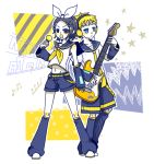  177 2boys :o ambiguous_gender androgynous bangs belt black_hair blonde_hair blue_eyes bow cosplay crossdressinging earphones earphones gopher guitar hair_ornament hairclip instrument justin_law kagamine_len kagamine_len_(cosplay) kagamine_rin kagamine_rin_(cosplay) looking_at_viewer male_focus microphone multiple_boys navel necktie open_mouth otoko_no_ko short_hair shorts simple_background singing soul_eater 