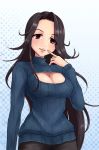  1girl black_hair black_pants blue_background blue_sweater breasts cleavage cleavage_cutout finger_to_face gradient gradient_background haiji_(sugakunigate) halftone halftone_background highres idolmaster idolmaster_cinderella_girls long_hair open-chest_sweater pants revision ribbed_sweater smile solo sweater takahashi_reiko turtleneck violet_eyes 