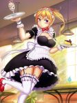  1girl absurdres apron blak_at blonde_hair female food frills highres ice_cream maid maid_apron maid_headdress original pudding puffy_sleeves red_shoes shoes side_ponytail skirt solo sundae table thigh-highs tray violet_eyes wrist_cuffs 