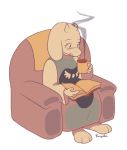  1girl armchair book chair cup dress goat_horns holding_cup horns monster_girl open_book sitting solo steam temmie_chang toriel undertale white_background 