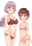  2girls angel_wings arm_behind_back arms_behind_back black_hair blush bow bow_bra bow_panties bra braid breasts cleavage collarbone colored_eyelashes cowboy_shot expressionless fang_out feathered_wings french_braid hand_on_own_chest highres hips horns kijin_seija kishin_sagume maroon_bra maroon_panties multicolored_hair multiple_girls navel neck panties pink_bra pink_panties re-ka red_eyes redhead ribbon-trimmed_bra ribbon-trimmed_panties shiny shiny_hair short_hair silver_hair simple_background single_wing slit_pupils small_breasts stomach streaked_hair string_panties touhou underwear underwear_only white_background white_hair wings 