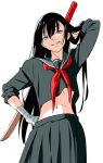  1girl arm_up bandages black_hair blue_eyes hand_on_hip long_hair looking_at_viewer midriff navel nein pleated_skirt school_uniform serafuku skirt sleeves_rolled_up solo sword weapon 