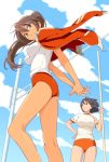  1girl 9aki aqua_eyes arms_behind_back brown_hair buruma floating_hair gym_uniform hand_on_hip hands_together high_ponytail jacket_over_shoulder looking_at_viewer pole_vault short_hair short_sleeves sky v_arms wind wind_lift 